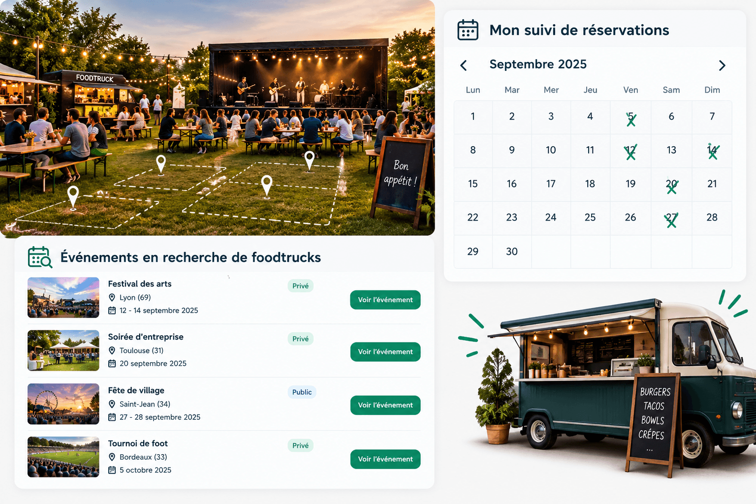 Une soirée événementielle avec un food truck, le suivi des réservations en calendrier et la liste des événements en recherche de food trucks